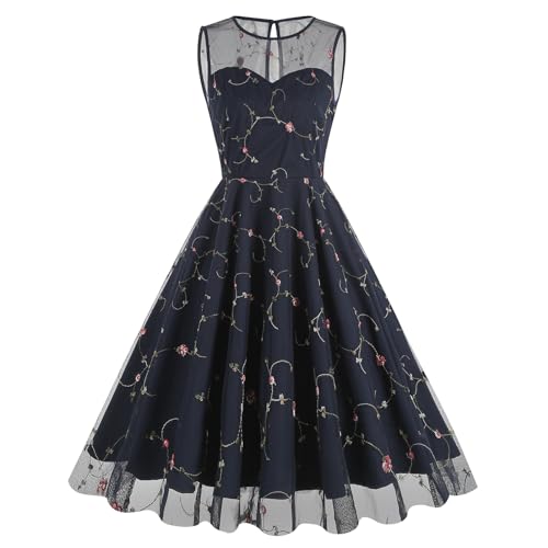 Image of 1950s Dresses for Women Vintage Floral Embroidery Mesh Dress Sleeveless Round Neck Swing Dress