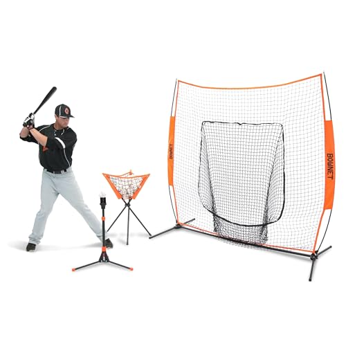 Bownet Sports Big Mouth Hit Kit, (7x7) Baseball Softball Practice Set - BigMouth Hitting Pitching Net, Utilitee Hitting Stand Tee, Ball Caddie - Total Package Portable Sports Practice, Black, Orange