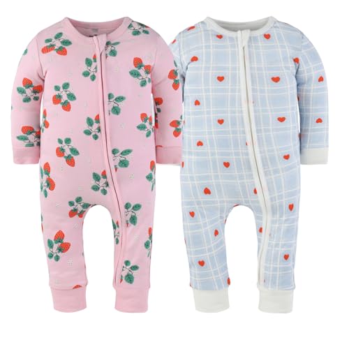 The Peanutshell 2-Pack Sleep and Play Baby Girl Clothes 12-18 Months Soft Cotton Footless Pajamas Strawberry Sweet Treats