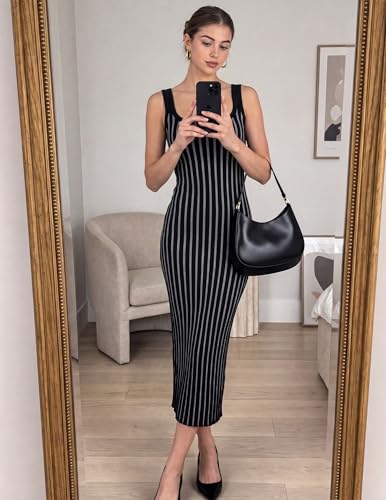 Image of ZESICA Women's 2026 Summer Bodycon Midi Dress Casual Sleeveless Square Neck Side Slit Knit Beach Vacation Long Dresses