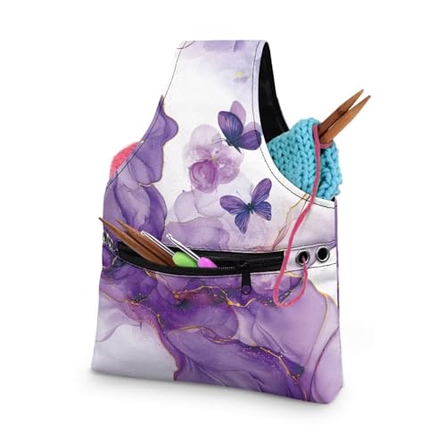 Image of KUIFORTI Butterfly Yarn Bag Purple Marble Knitting Crochet Tote Bag, Yarn Storage Bags Organizer, Crochet Accessories Stylish Crochet Bags for Crocheting Project, Small Size