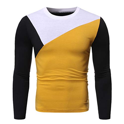 IMJONO Sweatshirt for Men Christmas Carnival Santa Claus Surprise Gift Simple Solid Color Stitching Long Sleeve Sweater Yellow XXXL