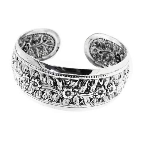 Treasure Bay Brazalete de plata para mujer con patrón floral, brazalete de plata de ley 925 maciza para mujer, talla única, Plata de ley