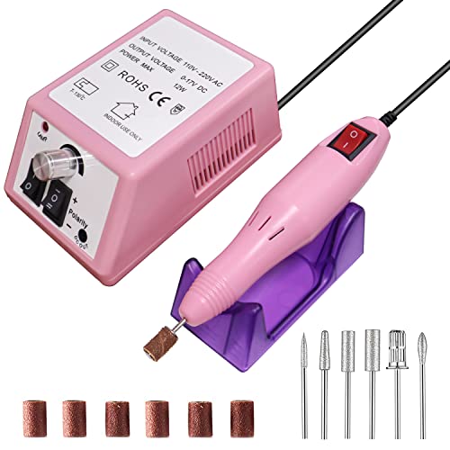 Professional Electric Nail Drill Machine,Adjustable Nail File Machine Set,with 6 Sanding Bands for Nail Drill and 6 Pcs Nail Drill Bits (Pink)