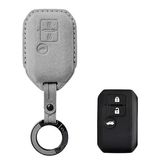 Image of KMH Alcantara Car Key Cover Compatible for Maruti Suzuki Swift, Dzire, Baleno, Ertiga 3 Button Shell Case Holder Full Key Protector Smart Keycover with Keychain (D3) Grey - Pack of 2