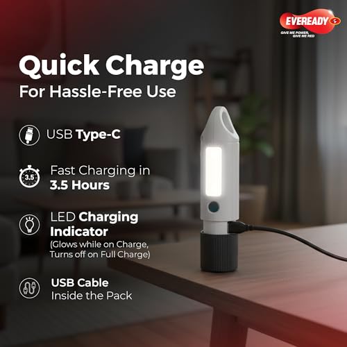 Image of Eveready DL110 Twyster, Rechargeable Emergency 1.2W Flashlight Cum 0.8W Sidelight, Variable Focus & Fidget Loop Grip, USB Type-C Fast Charging, Durable ABS Body, Powered Li-on Battery