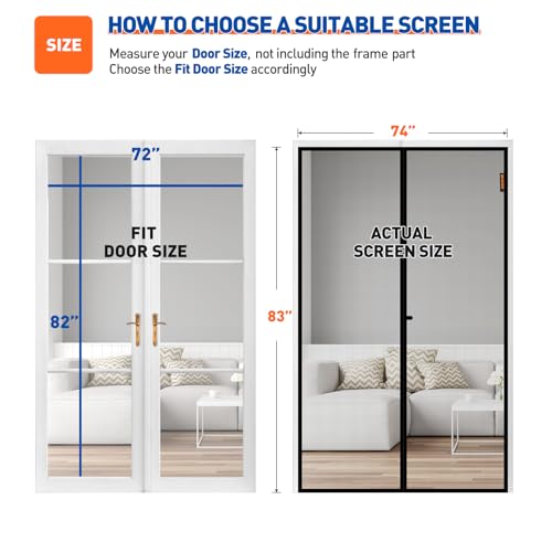 Image of MAGZO Magnetic Screen Door Fit Door Size 72 x 82 Inch, Screen Size 74 inch x 83 inch Strong Magnet French Style Mesh, Heavy Duty Fiberglass Mesh with Hook & Loop for Sliding Entrance, Gray