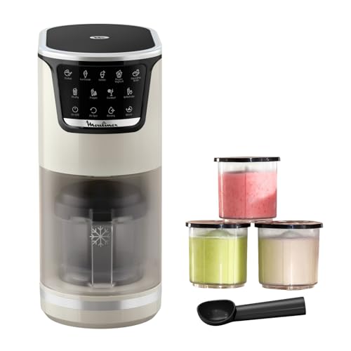 Moulinex Dolci, Heladera, 10 programas en 1, Limpieza con aclarado automático, Tecnología 1 Step Perfector, Hasta 1,4L de helado con los 3 boles de Tritan, Incluye cuchara helado, Blanca, MJ604AF0