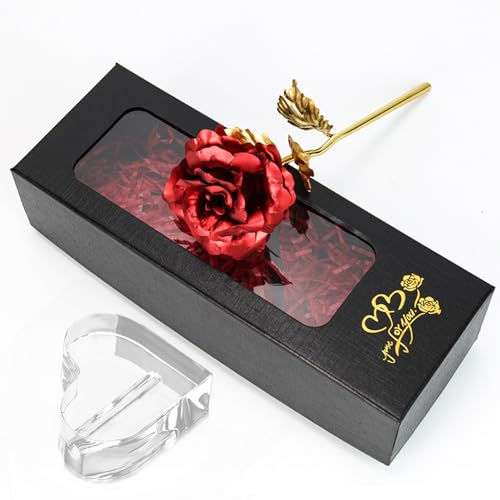 TINYOUTH Rot Vergoldete Rose 24 Karat Ewige Rose Seideblumen mit Geschenkbox & Ständer für Geburtstag Freundin Muttertag Hochzeit Weihnachten Jahrestag Erntedankfest
