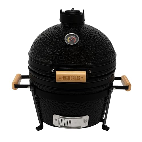 Fresh Grills 40,6cm Kamado Keramikgrill | Schwarz Holzkohlegrill BBQ Mini Ofen | Thermometer, Holzgriff, Oberer & Unterer Luftstrom | Outdoor Garten Grillen Garen Räuchern Smokern