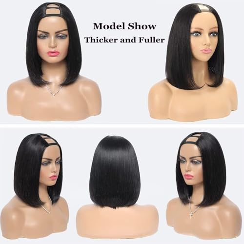 U Part Bob Wig for Women Human Hair Half Wig Easy to Wear For Daily Wear Vacation Ready Natural Black Color Protect Hairline with Scalp 150% Density 10 Inch - Image 2