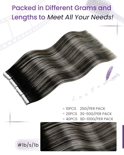 Image of LaaVoo Tape in Extensions Human Hair Tape ins Human Hair Extensions Human Hair Black Silver Ombre Tapes in Hair Extension Full Head Silky Soft 40 Pieces 24 Inch 100g