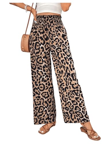 WDIRARA Women's Leopard Print Smocked Elastic Waist Wide Leg Pants Palazzo Pants