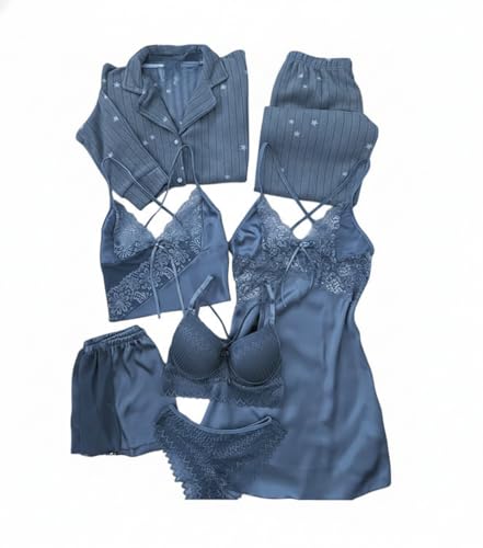 Image of Valentine's Day Fancy Night Suit Bath Robe Dress & Bra Penty Set Combo for Women's Pack of 7 Pcs Nightwear Lingerie Silk Wedding Gifts Lace Nightsuit Set Blue (Free Size)