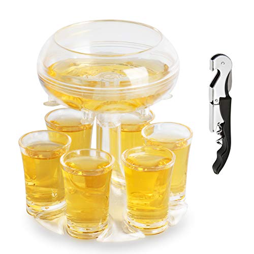 Six Shot Buddy Dispenser & Holder - Cocktail Wine Whiskey Liquor Beer Shot Dispenser Holder Carrier with Multifunctional Corkscrew Opener & 6 Shot Glasses for Party Bar Family Gathering, Best Gift
