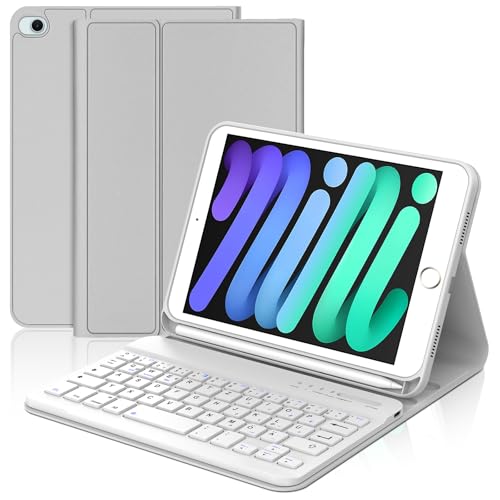 WAVATA Tastatur für iPad mini 5/4/3/2/1, Hülle Tastatur für iPad mini 5/4 2019/2015 Magnetische Abnehmbare Bluetooth QWERTZ Layout, Hellgrau