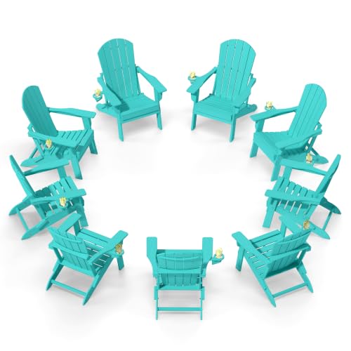 Image of Plawdlik Folding Adirondack Chair 9-piece Set, Cup Holder, Aruba Blue | pin-free folding, 38-in tall back, Wood-grain All-weather HDPE; for fire pit, poolside, deck, backyard, patio