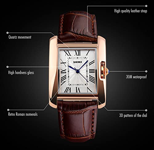 Fanmis Womens Watches Rose Gold Case Roman Numeral Luxury Wristwatch Square Brown Leather Strap Watch (Brown) #TOP3
