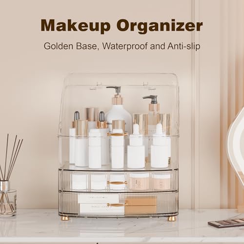 Image of Makeup Organizer Countertop Vanity with Transparent Lid Drawers Waterproof Dustproof Cosmetic Skincare Bathroom Storage Gift for Women Teens Girls (Clear Whtie)