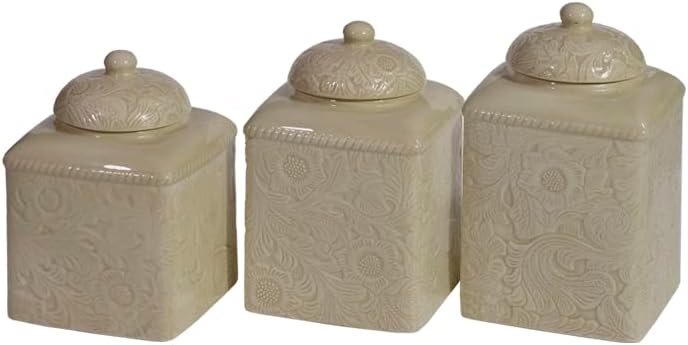 HiEnd Accents Savannah 3 Piece Ceramic Dinnerware Square Canister Set, Taupe Too…