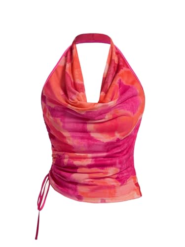 SHENHE Women's Tie Dye Halter Neck Draped Front Ruched Drawstring Backless Crop Top