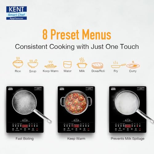 Image of KENT Diamond Induction Cooktop 2000W|8 Preset Menu|Full Microcrystalline Glass|Feather Touch Buttons & Led Display|Milk Boiling & Keep Warm Function|Overheat Protection & Auto Turn-Off, Radiant,Black