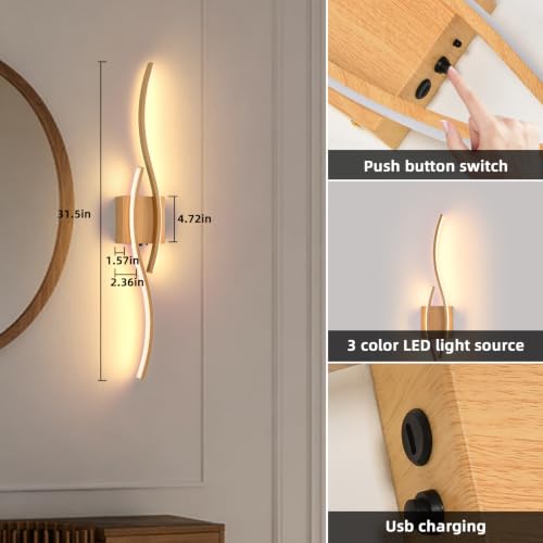 Image of Battery Powered Wall Sconces Set of 2, Wood 31.4 inch LED Dimmable Wall Sconce with Remote Control /Timer /Memory, USB Rechargeable Wall Lights for Living Room, Bedroom, Hallway Wireless scones Lighting