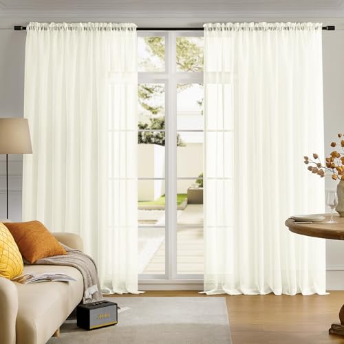 Image of MYSTIC-HOME Sheer Curtains Beige 84 Inches Long, Window Treatments Rod Pocket Drapes for Living Room, Bedroom, Semi Crinkle Voile Extra Wide Curtains for Yard, Villa, Parlor, 108 inchx 84 inch, 2Pc
