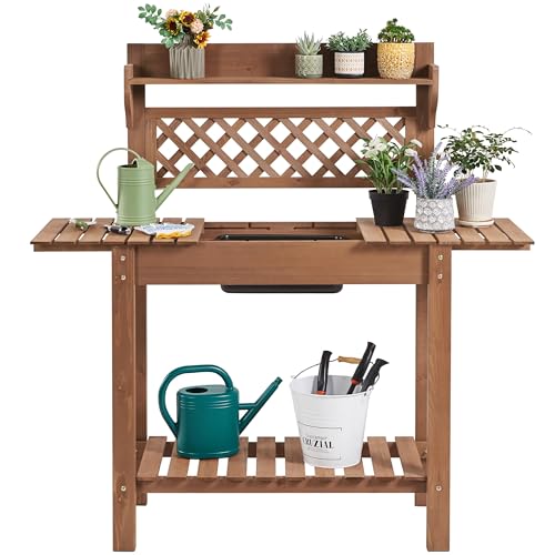 Topeakmart Potting Table Wood Workstation Table wSliding Tabletop wRemovable Dry Sink Storage Shelves Outdoor Garden Work Benches Station Planter Bench for Backyard Patio Brown