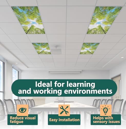 Image of Fluorescent Light Covers, 2 Pack 4 x 2 Feet Magnetic Light Covers for Ceiling Lights classroom decor, Drop Ceiling Light Cover with 10 Magnets Ceiling Light Covers for Office(Green Tree)