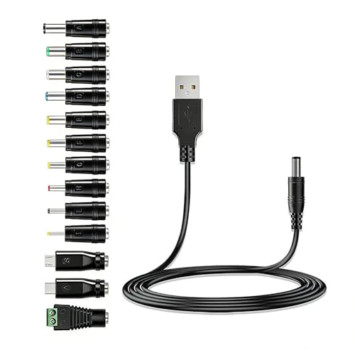 QEAS Câble d'alimentation USB vers DC 5V, 5.5mm * 2.1mm Câble Adaptateur d'alimentation Universel avec 13 Prises, Cable de Charge USB A vers DC Barrel Jack...