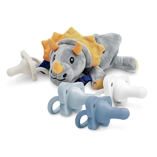 Image of Dr. Brown’s HappyPaci 100% Silicone Baby Pacifier 0-6m, BPA Free 4-Pack with Lovey Soft Plush Animal Teether Holder, Triceratops