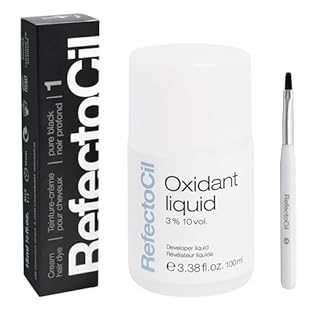 RefectoCil Black (#1) Hair Tinting Kit Includes Eyebrow Tint + Liquid Oxidant 3% + Mixing Brush