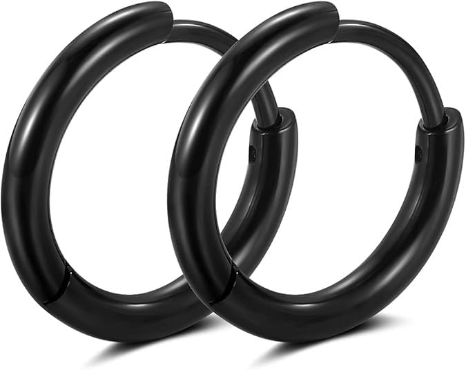 1-Pair Stainless Steel Stud Earrings Hoop Huggie Earrings Hinged Hoop Earrings Silver O-Ring Polished Unique Men Women (Black)-image-11