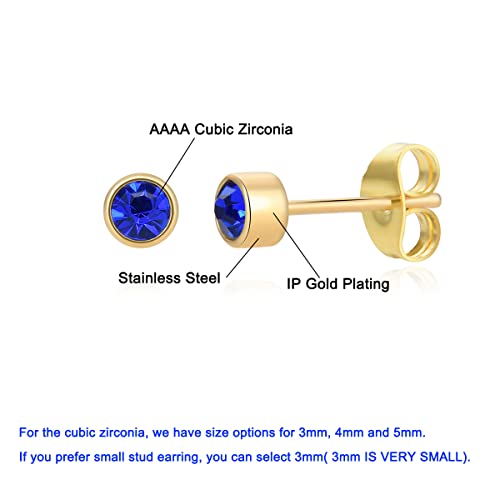 12 Pairs 18K Gold Plated Surgical Stainless Steel Stud Earring, Cubic Zirconia Cz Stud Earrings For Women, Multicolor Birthstone Stud Earrings Set 3Mm (Round 3Mm) #TOP1