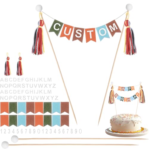 Breling 90 Pcs Custom Cake Banner Topper Set, Personalized Handmade Flag Banner Wooden Poll Alphabet Number for Birthday Wedding DIY Cake Decoration Anniversary Party Supplies(Bohemian Color)