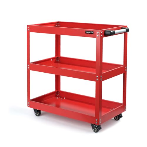 Crystals 3-Tier Tool Storage Organiser with Lockable Wheels, Garage Service Cart with Handle, DIY Storage Trolley (Red)