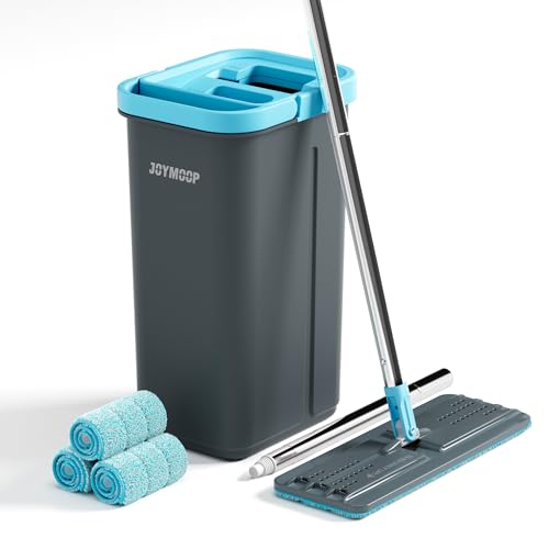 Image of JOYMOOP Mop and Bucket Set with Wringer, with 3 Reusable Microfiber Mop Pads, Mops for Floor Cleaning and Wall Cleaning, Hands-Free Flat Mop for Home Use - Grey+Cyan Blue