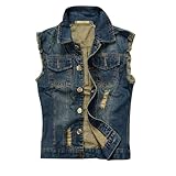 Men's Denim Jackets Sleeveless Lapel Cowboy Ripped Jean Vest 80s Punk Outfit Western Casual Slim Fit Vest with Rivets