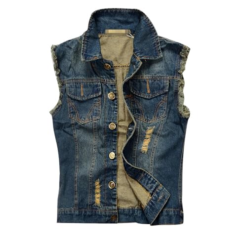 Denim Vest Men Sleeveless Lapel Ripped Jean Vests Cowboy Casual Jean Jacket with Rivets 80s Punk Outerwear Western Outfits