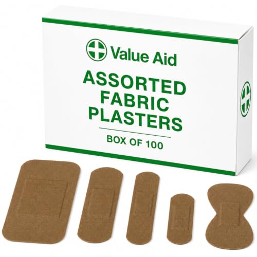 Image of Value Aid Fabric Plasters Assorted - Box of 100 Individually Wrapped Hypoallergenic Plasters, Latex-Free Adhesive - 5 Popular Sizes for First Aid Kit & On-The-Go Use Medical Supplies