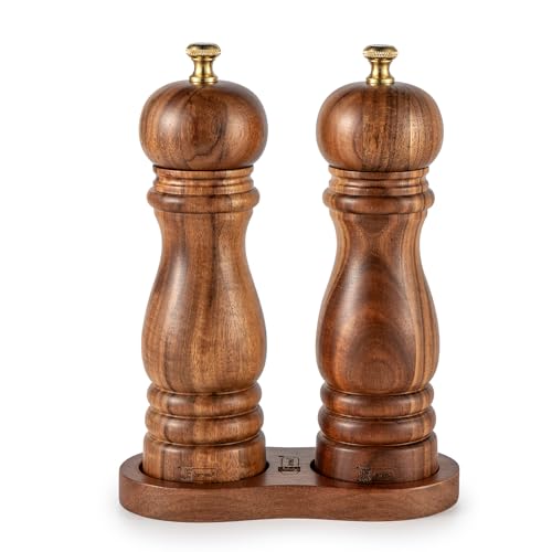 Salz und Pfeffermühle mit Tablett, Akazienholz Holz-Pfeffermühle, 2er-Set Manuelle Salz-Pfefferstreuer-Mühle, Pfeffer und Salzmühle,Keramikmahlwerk, 7 Zoll (Holz)