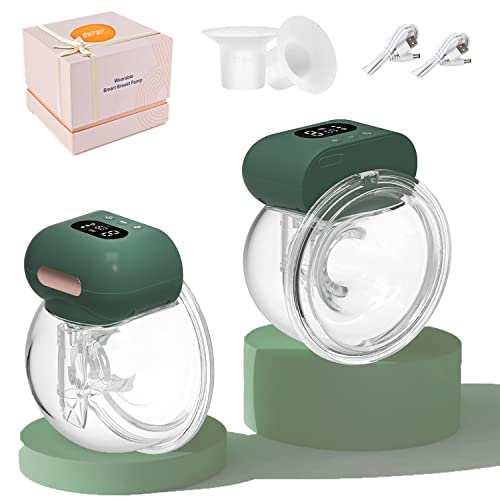 OMFMF Wearable Breast Pump,LCD Display Hands Free Breast Pump with 3 Modes&9 Levels,Upgrade Long Life&One-Piece Parts Electric Breast Pump for Busy Mom-24 mm Default,Extra 21 mm Flange Inserts(2PCS) (green)