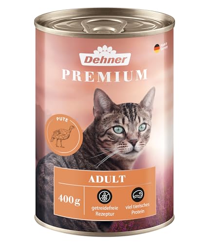 Dehner Premium Katzenfutter, Nassfutter getreidefrei, für ausgewachsene Katzen, Pute, 6 x 400 g Dose (2.4 kg)