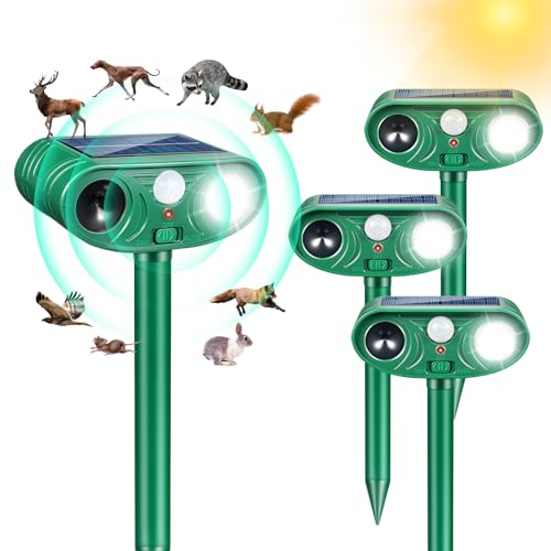 Solar Ultrasonic Animal Repellent Outdoor Cat Rabbit Squirrel Dog Deer Repellent Devices Coyote Skunk Raccoon Fox Deterrents Light Animal Repeller with Motion Sensor for Yard Garden