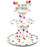 Zopeal Happy Birthday Cupcake Stand 3 Tier Birthday Party Cupcake Holder Polka Dots Cake Stand Holder Cardboard Dessert Tower for Theme Party Supplies Cake Decorations