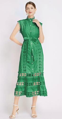 Image of LAI MENG FIVE CATS Women's Sleeveless Hollow Out Lace Button Up Casual Midi Party Dress with Belt