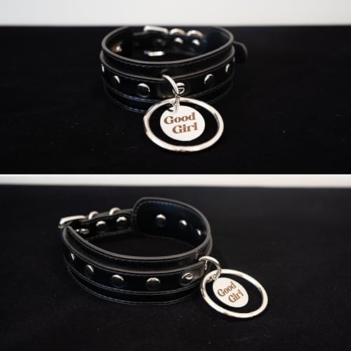 Black O-ring Leather Choker Collar for Women, Gothic Punk Style Adjustable Choker Necklace with Rivets and Engraved Letters Steel Tag4