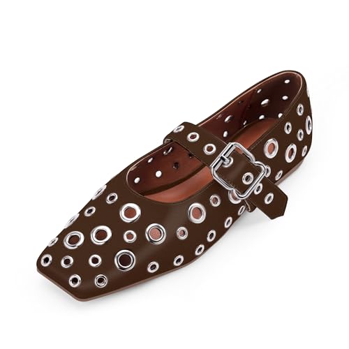 Ballerines Mary Jane cloutées femme marron 37.5 chaussure plate à boucle perforée