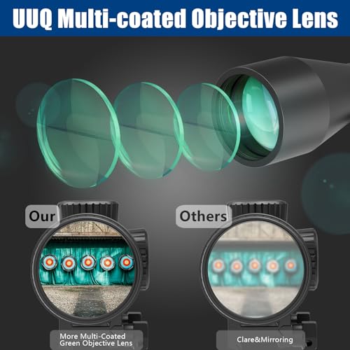 UUQ VibeShield Rifle Scope with Mil-dot Reticle - Shockproof SFP Optics for Hunting and Airsoft, Fit Large Caliber & High Recoil Guns, FMC Green Lens, 1-Inch Tube, Includes 20mm Mounts